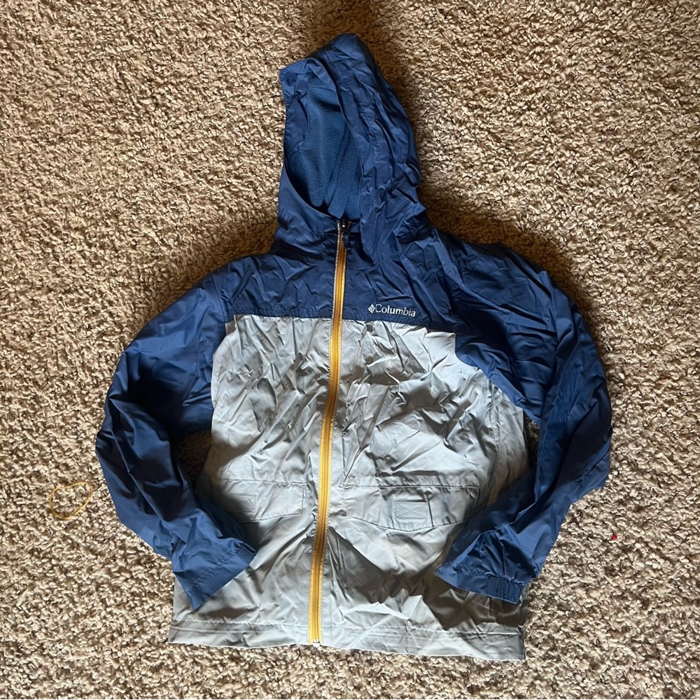 Columbia Blue and Gray Hooded Rain Jacket